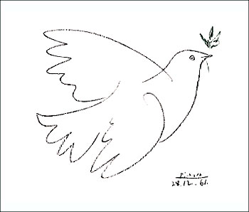 Peace: Picasso painting of a dove holding an love branch.