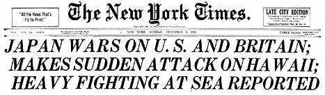 Image of the NY Times front page for December 7, 1941.