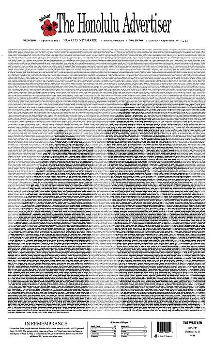 Front page of the Honolulu Advertiser showing the names of those killed on 9/11